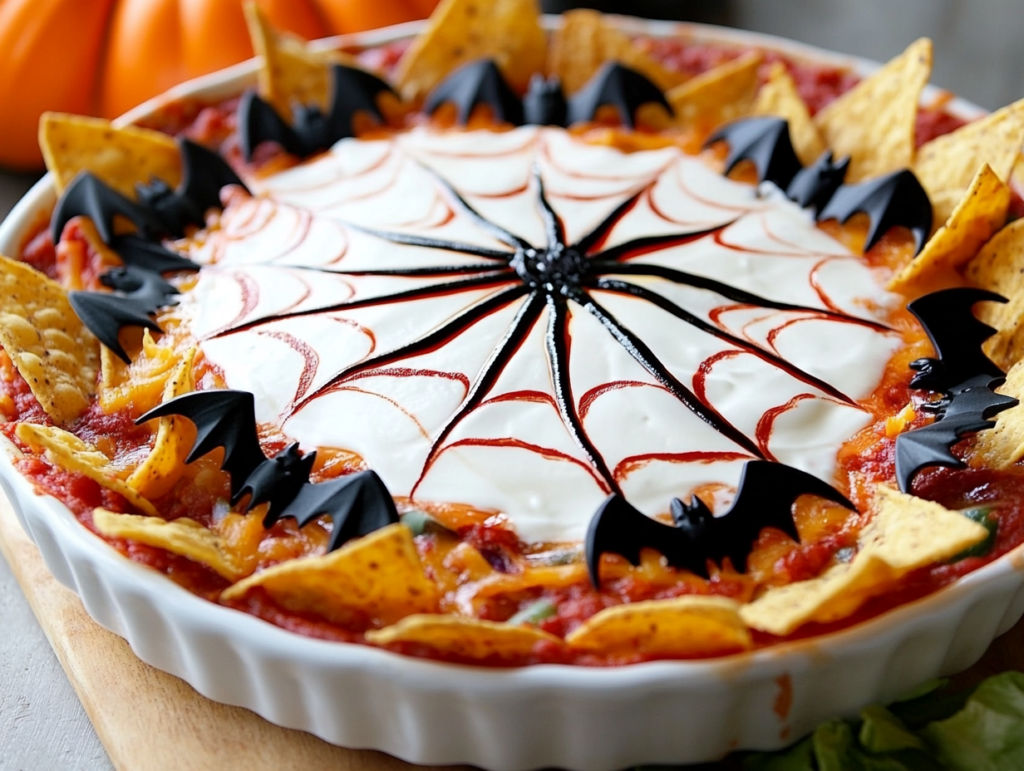 Spiderweb Taco Dip with Bat Tortilla Chips